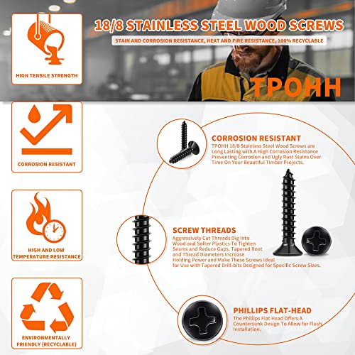 100 PCS #10 X 1-1/2 inch Black Oxide Coated Flat Head Phillips Wood Screws, Stainless Steel 18-8 (A2) Fully Threaded 10 X 1-1/2'' Multipurpose Screw by TPOHH