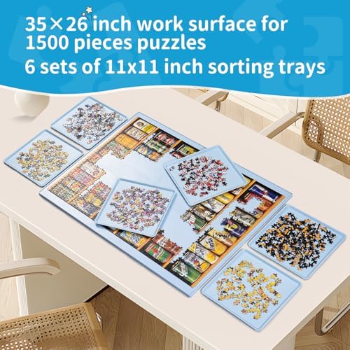 1500 Pieces Jigsaw Puzzle Board with 6 Drawers, Portable Puzzle Table for Adults, 35×26 Inch Work Surface, 3.1 KG Lightweight, Light Blue