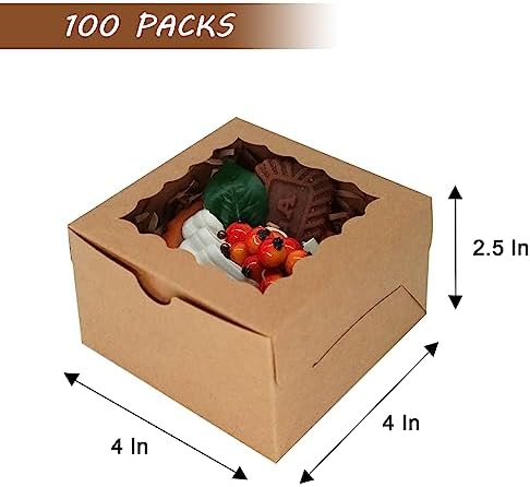 100pcs Cookie Boxes 4x4x2.5 Inches: Bakery Boxes with Window, Treat Boxes, Dessert Boxes, Chocolate Covered Strawberries Boxes- Kraft Paper