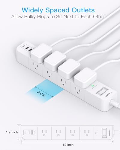 10FT Extension Cord Flat Plug Power Strip Surge Protector with 8 Widely AC Outlets and 3 USB Ports Outlet Extender Overload Protection Wall Mount for Home Office Dorm Room Essentials Gaming, ETL