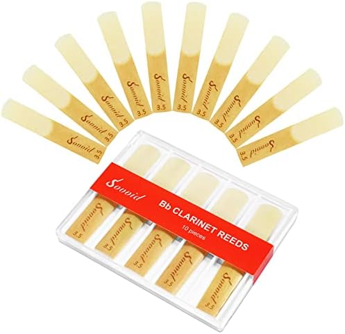 10 Pack Bb Clarinet Reeds with Plastic Box, Strength 3.5 Reeds for Clarinet, Thinner Reed Tip & Unfiled Cut for Easy of Play, Traditional Reeds for Clarinet Beginner and Player
