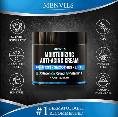 (2 Pack) Mens Face Moisturizer Cream - Anti Aging & Wrinkle for Men with Collagen, Retinol, Vitamins E, Jojoba Oil - Face Lotion - Age Facial Skin Care - Eye Wrinkle - Made in USA - 8 oz Total