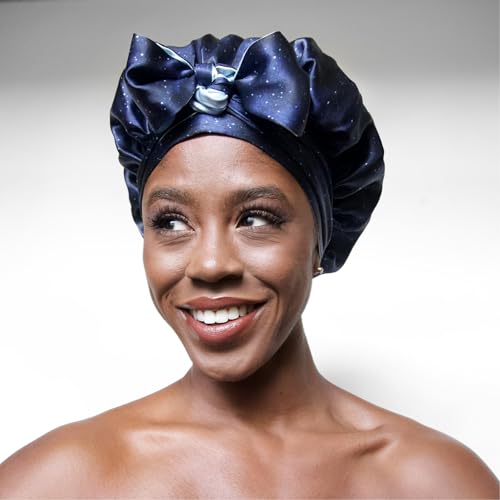 100% Mulberry Silk Bonnet for Sleeping Women, Handmade in USA 19 Momme Double Layer Reversible Silk Hair Wrap with Adjustable Ties, Non-Slip Sleep Cap for Curly & Natural Hair (Midnight)