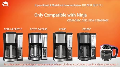 12 CUP Replacement Glass Carafe Pot ONLY Compatible with Ninja Coffee Maker CE251 CE250 CE200 CE200C CE201 CE201C series, Ninja Carafe Replacement Part No. # XGLSLID200