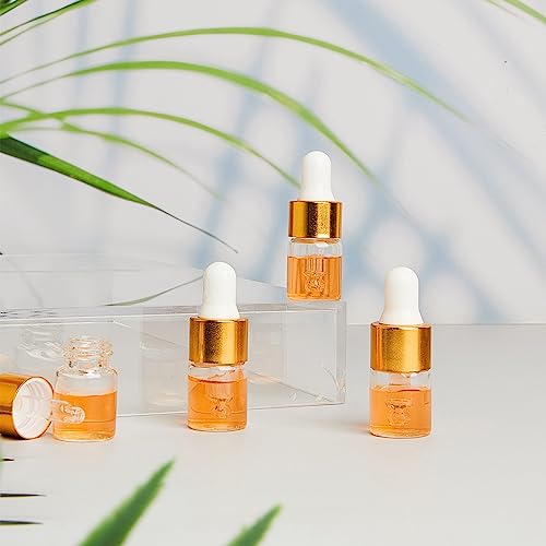 100 Pcs Mini Glass Oil Dropper Bottle Bulk, 2 ml Gold Clear Essential Small Empty Bottles Sample Containers Perfume Liquid Vials with Cap for Traveling