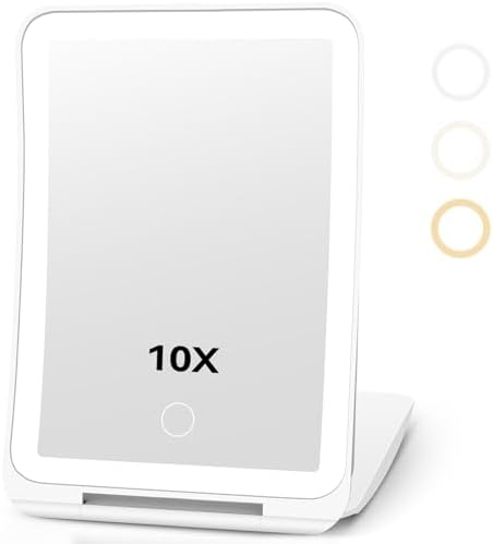 10X Magnification Rechargeable Makeup Mirror for Travel, Makeup Mirror with 80 LED Lights, 3 Color Lighting, Dimmable Touch Screen,Portable Vanity Mirror, Travel Essentials