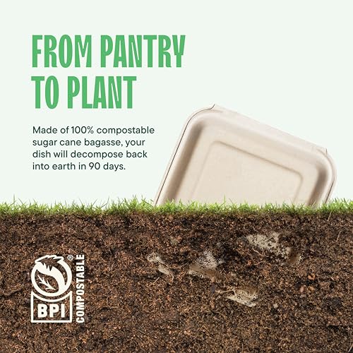 100% Compostable To Go Containers 9x9" 3-Compartment Clamshell Take Out Food Container with Hinged Lid - Disposable Togo Plates - Eco-Friendly Takeout Box Made of Sugar Cane Bagasse [50-Pack]