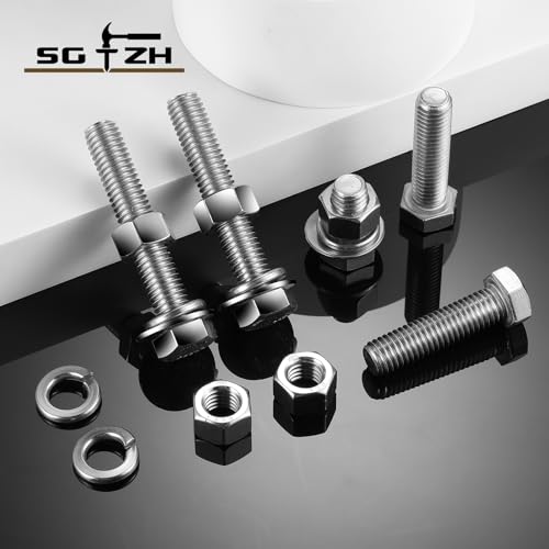 1/4-20 x 6" Hex Head Screw Bolt, Nuts, Flat & Lock Washers, 10Pcs 18-8 (304) Stainless Steel, Fully Threaded, by SG TZH
