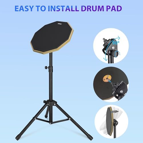 12 Inch Practice Drum Pad with Stand and Sticks, Beginner Snare Drum Pad with Drumsticks(2 pairs) and Carrying Bag, Double Sided Silent Drum Pad (Black)