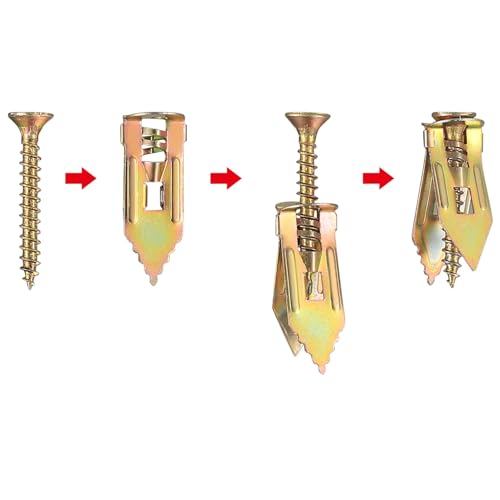 100 Pcs Self Drilling Drywall Anchors with Screws Kit, Zinc Plated Steel Wall Anchors and Self Tapping Screws Heavy Duty, No Drill Or Holes in Wall, for TV, Shelf Straps,Bike,Cabinets (100)