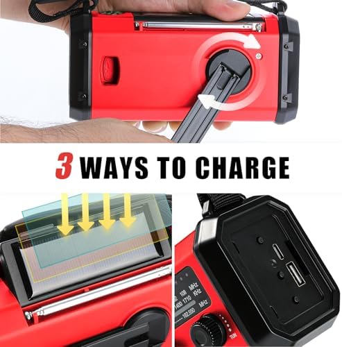 10000mAh Crank Radio, Emergency Radio,NOAA/AM/FM Weather Radio, Type-C Charge,Solar Charging,SOS, 3 Modes LED Torch, Reading Lamp, Compass for Outdoor Survival (Red)