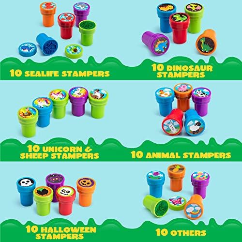 100 Pcs Assorted Stamps for Kids Self-Ink Stamps (50 Different Designs, Dinosaur, Zoo Safari Stampers) for Party Favor, Carnival Prizes, School, Easter Egg Stuffers, Halloween, Christmas
