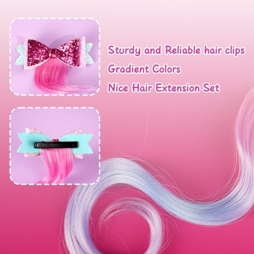 12 Pieces Hair Clips for Girls, Bow Curly Pink Gradient Hair Extensions for Kids, Little Girl Hair Clips Accessories for Ponytails Princess Dress Up