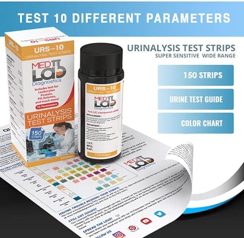 10 Parameter Urine Test Strips for Urinalysis(150 Cnt) in Sealed Pouches. Tests for Ketosis, pH, Protein, UTI, Kidney and Liver Function