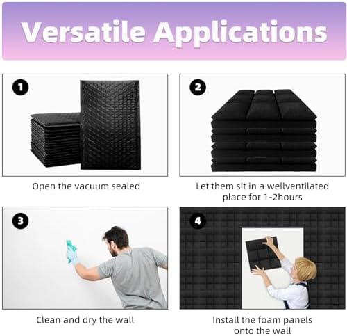 14 Pack Sound Proof Foam Panels |Acoustic Panels Self-Adhesive |12"×12"×2" Quick-Recovery Soundproof Wall Panels | High Density Sound Dampening Panels for Home Studio (Black)