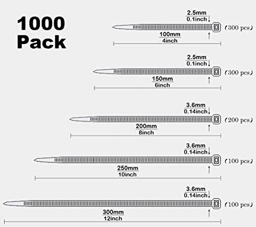 1000 Pcs Black Cable Zip Ties Assorted Sizes 4/6/8/10/12 Inch Heavy Duty Plastic Tie Wraps Mixed Pack Self Locking Nylon Wire Ties