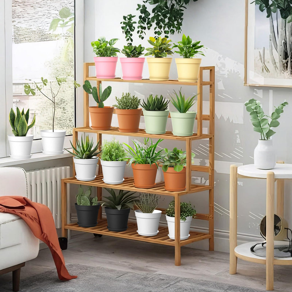 10 Pack 6 Inch Plant Pots with Drainage and Saucers, White Plastic Flower Pots for Indoor and Outdoor Plants, Stackable Nursery Planters for Houseplants and Herbs, White