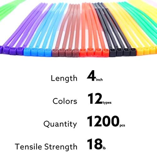 1200pcs Small Colored Zip Ties 12 Colors 4 Inch Multicolor Zip Ties Assorted Color Cable Ties for Marking Chickens Legs or Deco Mesh Wreath Supplies