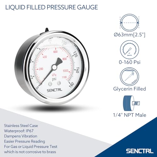 0-160 Psi Glycerin Liquid Filled Air Pressure Gauge, 2.5" Dial Size, 1/4" NPT Back Mount, Stainless Steel Case, for Water Pump, Tire, Large Air Compressor, Well, RV Regulator Pressure Test