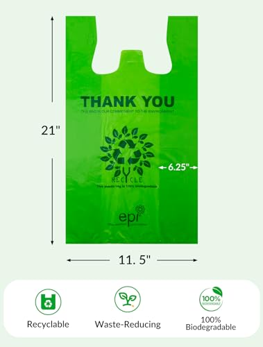 100 Count Recyclable Compostable 100% Biodegradable T-Shirt Bags | Eco-Friendly Grocery Shopping Bags | 11.5" x 6.25" x 21" | 16 Mic