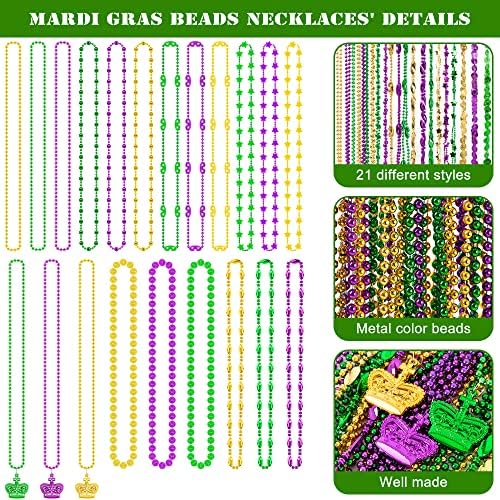 144PCS Mardi Gras Beads Throws, Mardi Gras Green Purple Gold Metallic Beads Necklaces Accessories Bulk, Mardi Gras Beads Necklace Costumes Women Men Kids for Parade Throws Party Decor Favor Supplies