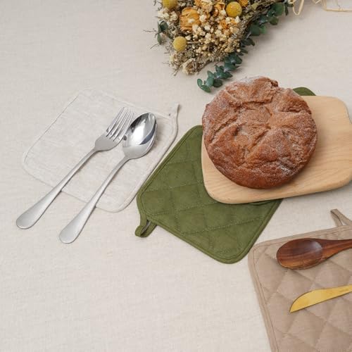 100% Linen Pot Holders for Kitchen Set of 4, Double Linen Layer, Cotton Lining & Hanging Loop, Heat Resistant Hot Pads Pot Holders for Cooking Kitchenaid- Green