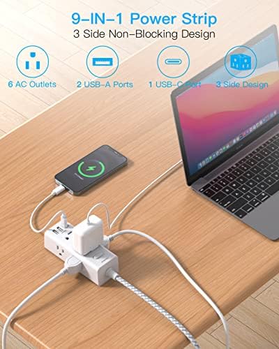 15Ft Extension Cord with Multiple Outlets, Flat Plug Power Strip Surge Protector with 15 Ft Long Cord, 6 Outlet 3 USB Ports (1 USBC) Multi Outlet Wall Plug for Home Office College Dorm Room Essentials