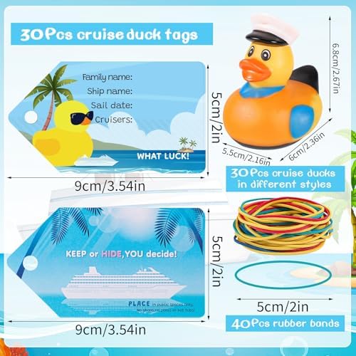 100 Pcs Cruise Ducks Tags Kits Includes 30 Pcs Cruising Ducks with 30 Pcs Cruise Duck Tags and 40 Pcs Rubber Bands Random Assorted Rubber Ducks for Cruise Ship Hiding Ducks