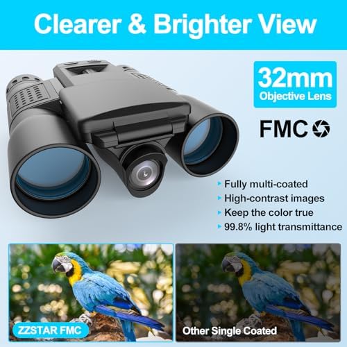 12x32 Binoculars for Adults, Binoculars with Camera, 2" LTPS Display 5MP 1080P Video Photo Recorder with 32GB Micro SD Card, High Powered Binoculars for Bird Watching Travel Hunting, Black