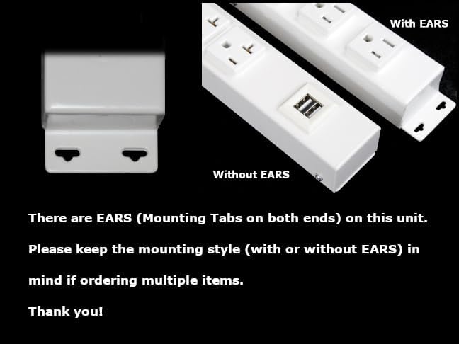 12” Hardwired Power Strip (NO Power Cord), 4 Tamper Resistant Outlets (NEMA 5-15R - NOT 20Amp), with Ears (with mounting tabs on Both Ends), USB, White