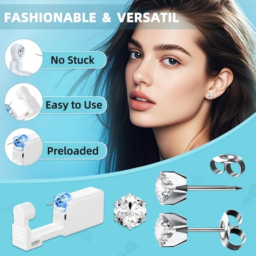 12 Pcs Ear Piercing Kit Disposable Ear Piercing Gun Kit with 4 Pcs 6 Prong Setting Cubic Zirconia Earrings Stud 316L Stainless Steel Easy to Use at Home Self Ear Piercer Gun Kit Tool, Silver
