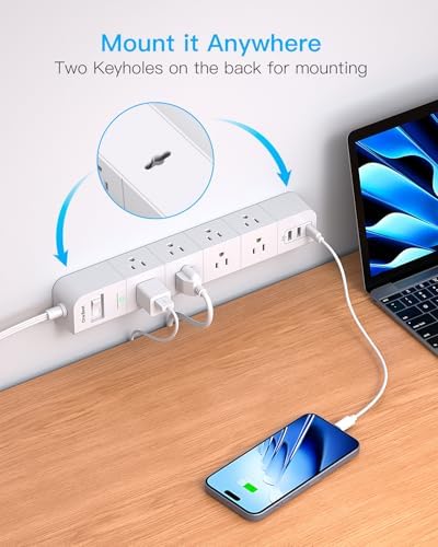10FT Extension Cord Flat Plug Power Strip Surge Protector with 8 Widely AC Outlets and 3 USB Ports Outlet Extender Overload Protection Wall Mount for Home Office Dorm Room Essentials Gaming, ETL