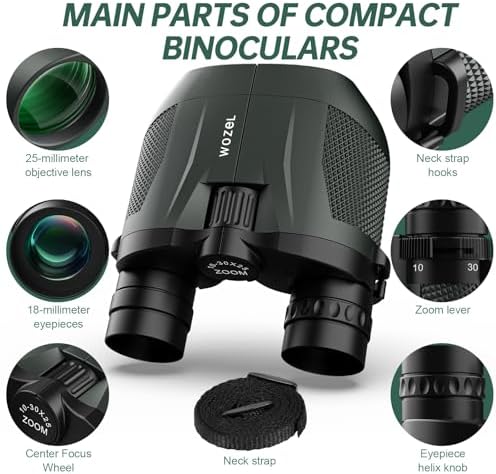 10-30x25 Small Compact Binoculars for Adults - WOZEL High Powered Zoom Binoculars for Bird Watching Hunting Hiking Travel Sports - Lightweight Binoculars with Large & Bright Field of View for Kids