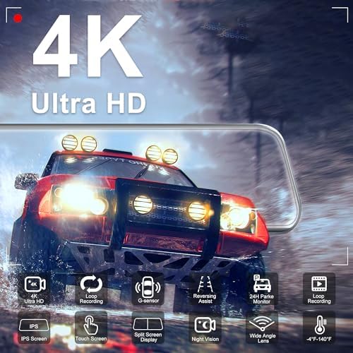 10" Mirror Dash Cam, 4K FHD Rear View Mirror Camera with Smart Touch Screen, Dual Dash Camera for Cars, Loop Recording, G-Sensor, Reverse Assist,Parking Monitor,Night Vision,Free 64GB Card