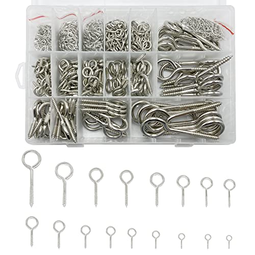 1000Pcs Screw Eyes Assortment Kit Silver Nickel Plated Eye Hooks Eye Bolts Metal Eye Pins Eyelet Screw Loops for Hanging Sign, Wind Chime, Jewelry Making 17 Sizes Mini to Large