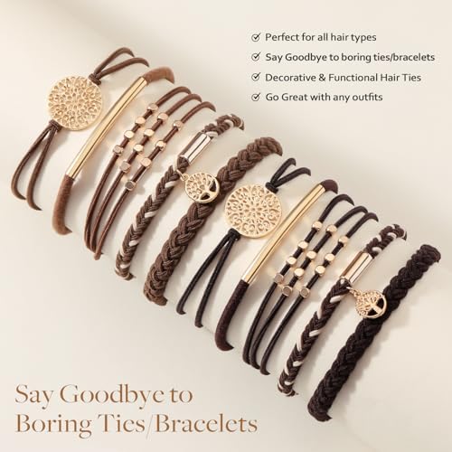 10 PCS Hair Ties Bracelets, Boho Hair Ties for Thick & Thin Hair, Cute Stretch Bracelets, Braided Hair Ties for Ponytail Holders, 5 Styles Hair Ties No-Damage, Dark Coffee