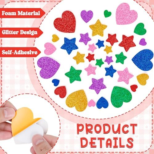 1000 PCS Foam Heart Stickers, Glitter Foam Hearts for Crafts, Self-Adhesive Valentine Day Decor, 3 Sizes Valentine Foam Stickers Heart Star Foam Stickers for Kids Crafts DIY Cards Envelop Frame