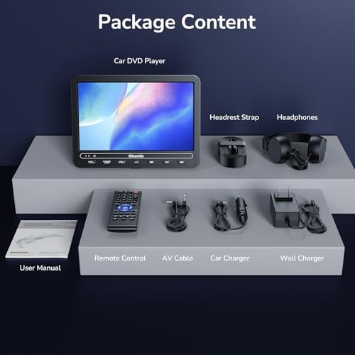 10.5 Inch DVD Player for Car with 5-Hour Rechargeable Battery, Support HDMI Input, Sync Phone/TV, 1080P Videos, USB SD, Last Memory, Region Free