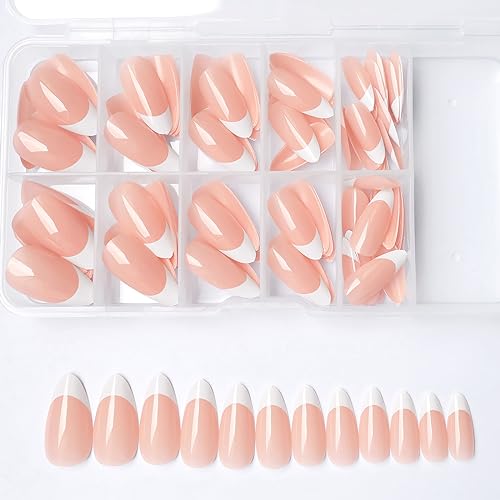 120Pcs White French Tip Press on Nails Almond Shape Fake Nails, Full Cover Glossy Nude False Nails Acrylic Glue on Nails with 5 Sheets Adhesive Tabs for Women Girls Finger Nails Design