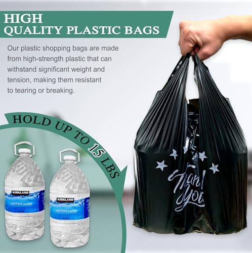 1000Count Black Bags, Thank you T shirt bag, Grocery shopping bag Reusable and Disposable Supermarket Bag 11''x6''x21''