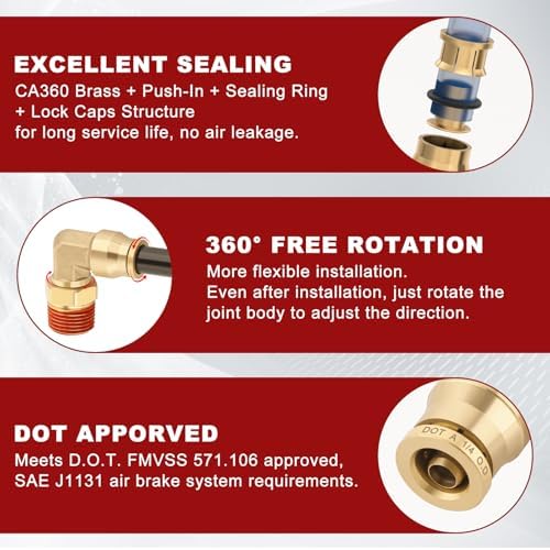 1/4" Quick Push to Connect Fittings Brass 90 Degree Union Swivel Elbow Joint DOT Approved 1/4" Tube OD x 1/8" NPT Thread Air Brake Line Adapter Air Suspension Kit for Car Truck Trailers 2pcs