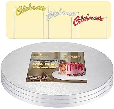 14 Inch Cake Drums with Banner Cake Topper-Cake Board Round White(3-Pack) 1/2 Inch Thick Cake Boards Sturdy, Greaseproof for Birthday Wedding Multi-Tiered Party Cake Boards by GoldenBakeryFamily