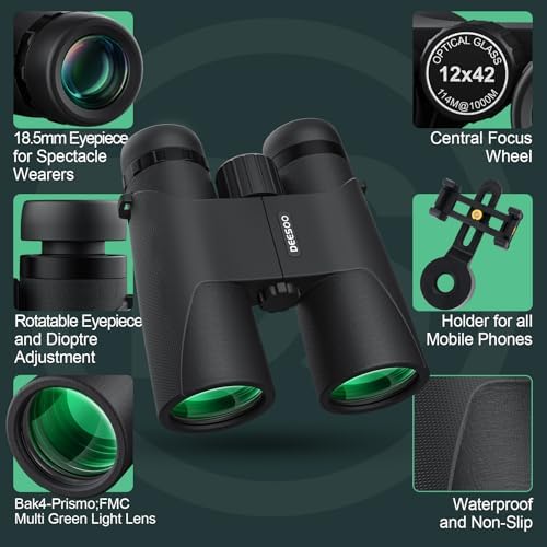 12x42 HD Binoculars for Adults High Powered - Deesoo Binoculars for Bird Watching with Large Field of View - High Magnification Binoculars with Phone Adapter, Plastic Tripod for Hiking Hunting