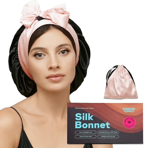 100% Mulberry Silk Bonnet for Sleeping Women with Curly Hair - Valentines Day Gift Silk Sleep Bonnet - Alternative to Double Layer Satin Bonnet with Tie Band - Premium Hair Wrap for Sleep Black