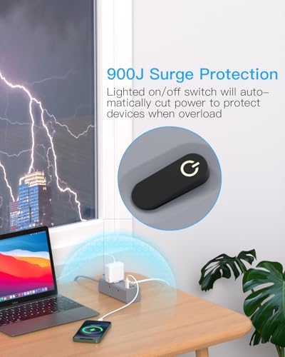 10Ft Extension Cord with Multiple Outlets, Flat Plug Power Strip Surge Protector with 10 Ft Long Cord, 6 Outlet 3 USB Ports (1 USB C), Multi Outlet Wall Plug for Travel, Dorm Room Essentials-Grey