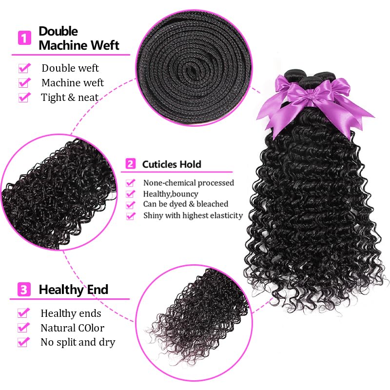 12A Deep Wave Bundles Human Hair 14 16 18 Inch Deep Curly Human Hair Bundles 100% Unprocessed Brazilian Virgin Weave 3 Bundles Double Weft Raw Remy Hair Bundles Deals Full And Thick