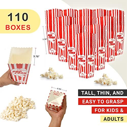 110 Movie Night Popcorn Paper Boxes Buckets 7.75 Inches Tall Large Box & Holds 46 Oz Old Fashion Vintage Retro Party Design Red & White Colored Nostalgic Carnival Stripes Bags & Tubs various qty avail