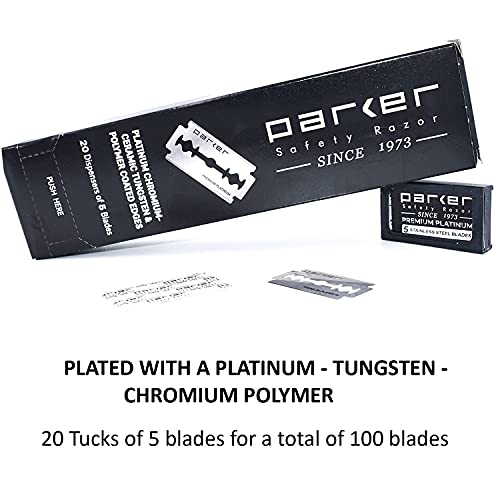100 Count, Parker Safety Razor Double Edge Safety Razor Blades, Premium Platinum Stainless Steel Razor Blades with PTFE, Tungsten and Chromium Coated Edges for Smooth, and Comfortable Shaves