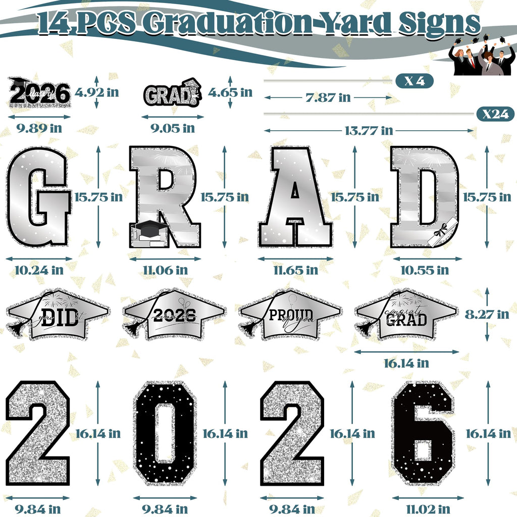 14 PCS Graduation Decorations, Silver Congrats Grad 2026 Lawn Stakes, Class of 2026 Graduation Yard Signs with Stakes, Weatherproof Graduation Outdoor Decor Set for College High School Grad Party