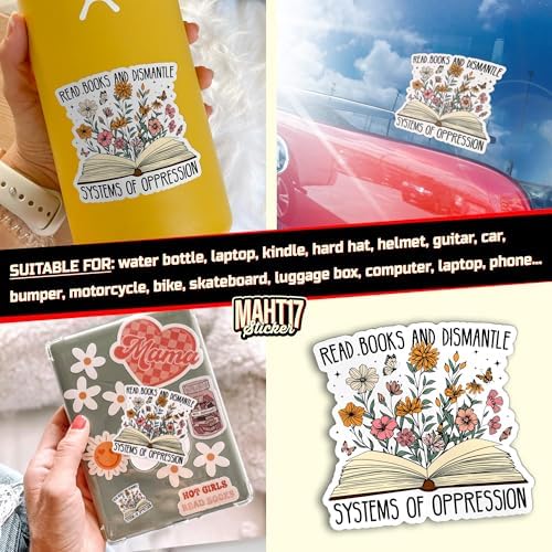 (3Pcs) Read Books and Dismantle Systems of Oppression Stickers, 3" Feminism Patriarchy Floral Bookish Waterproof Die-Cut Vinyl Sticker for E-Reader Kindle Laptop Water Bottles Gifts 3 Inches